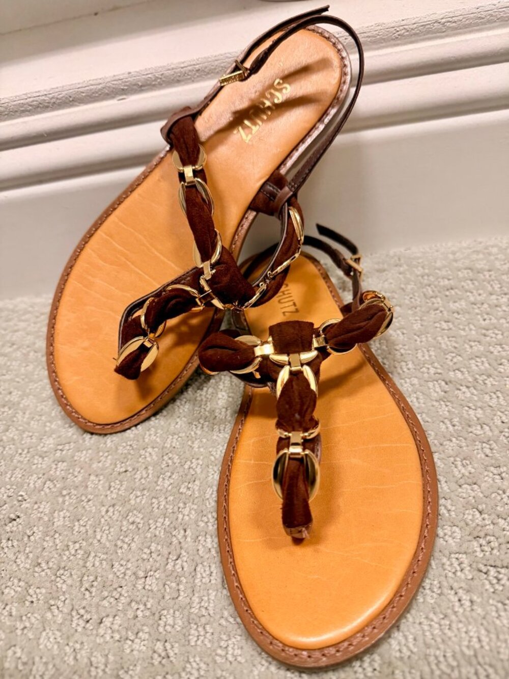 Schutz Brown Chain Flat Sandals — Size 8B